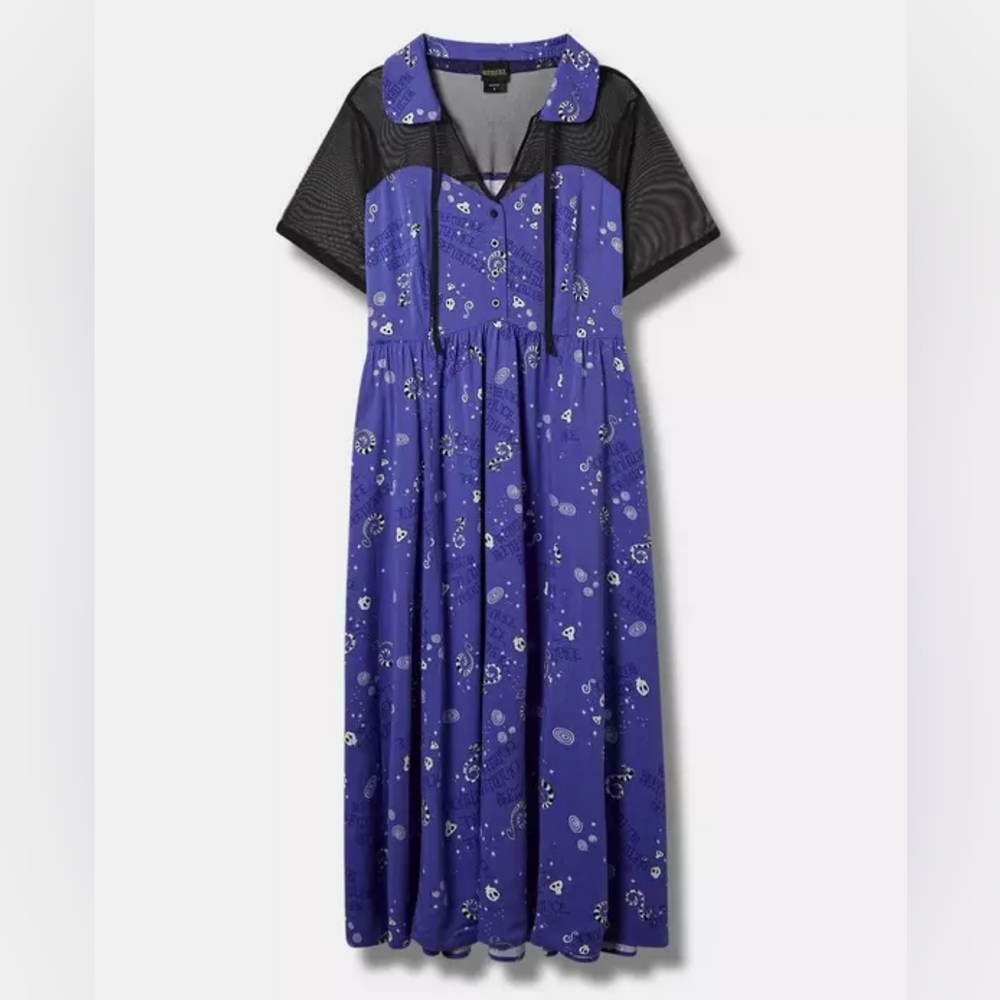 Torrid Warner Bros Beetlejuice Midi Challis Mesh Yoke Dress, Size 0 NWT - Picture 3 of 6